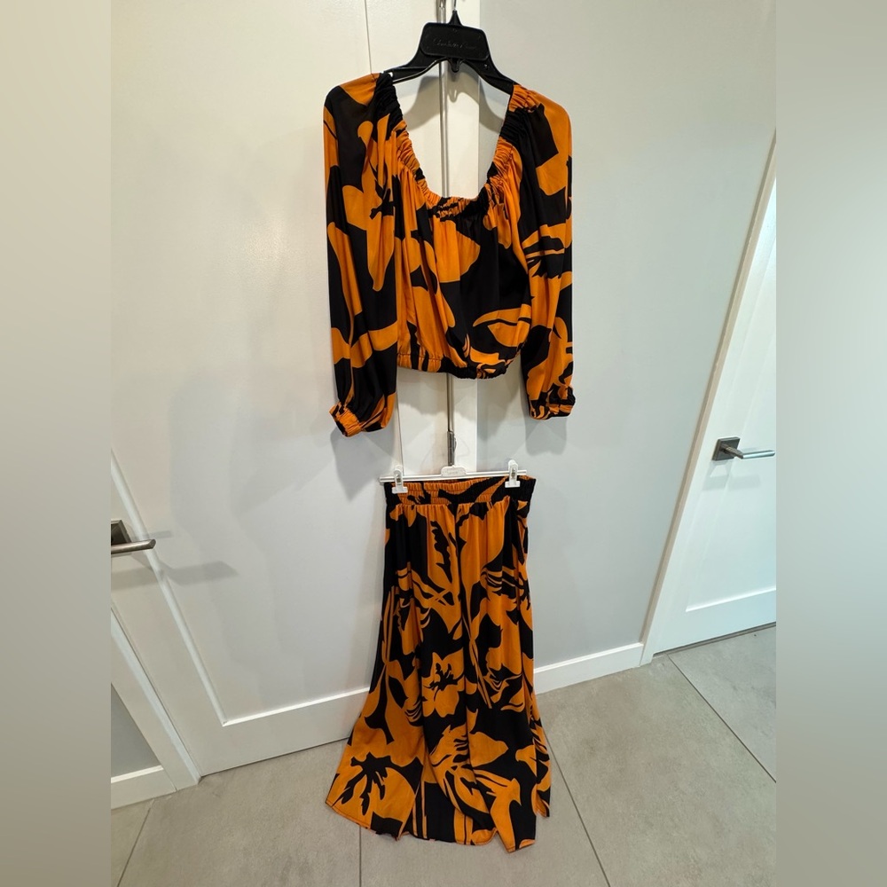 Elegant Black and Orange Floral Skirt Set